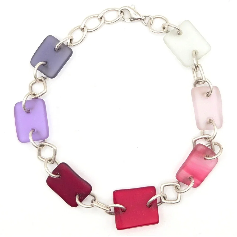 Sterling Silver 925 Frosted Sea‎ Glass Multi Color Rectangle Link Bracelet